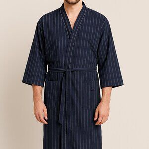 Tommy Hilfiger Men’s Pinstripe Robe One Size 100% Cotton Navy Belted Sleepwear